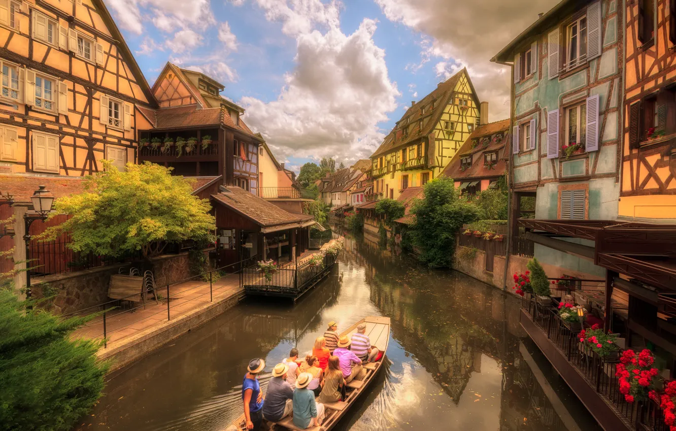 Photo wallpaper the city, boat, France, home, channel, tourists, Colmar
