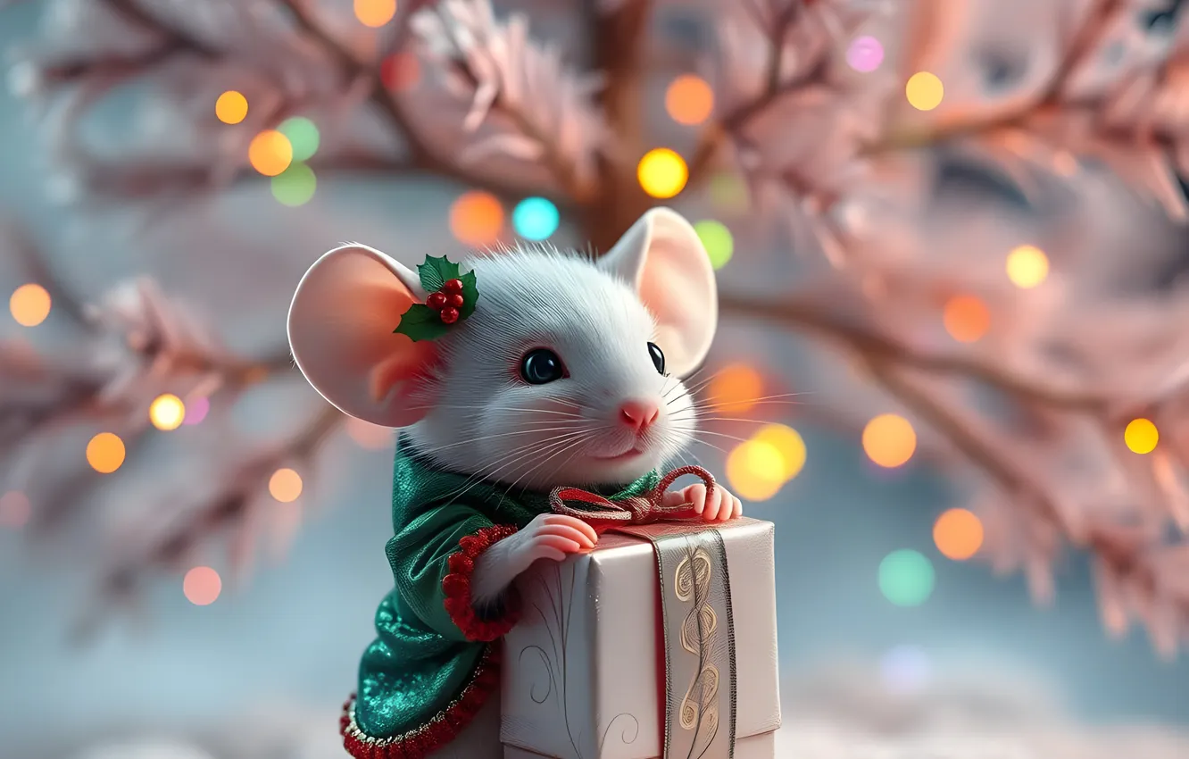 Photo wallpaper winter, snow, gift, new year, mouse, mouse, Christmas, mouse