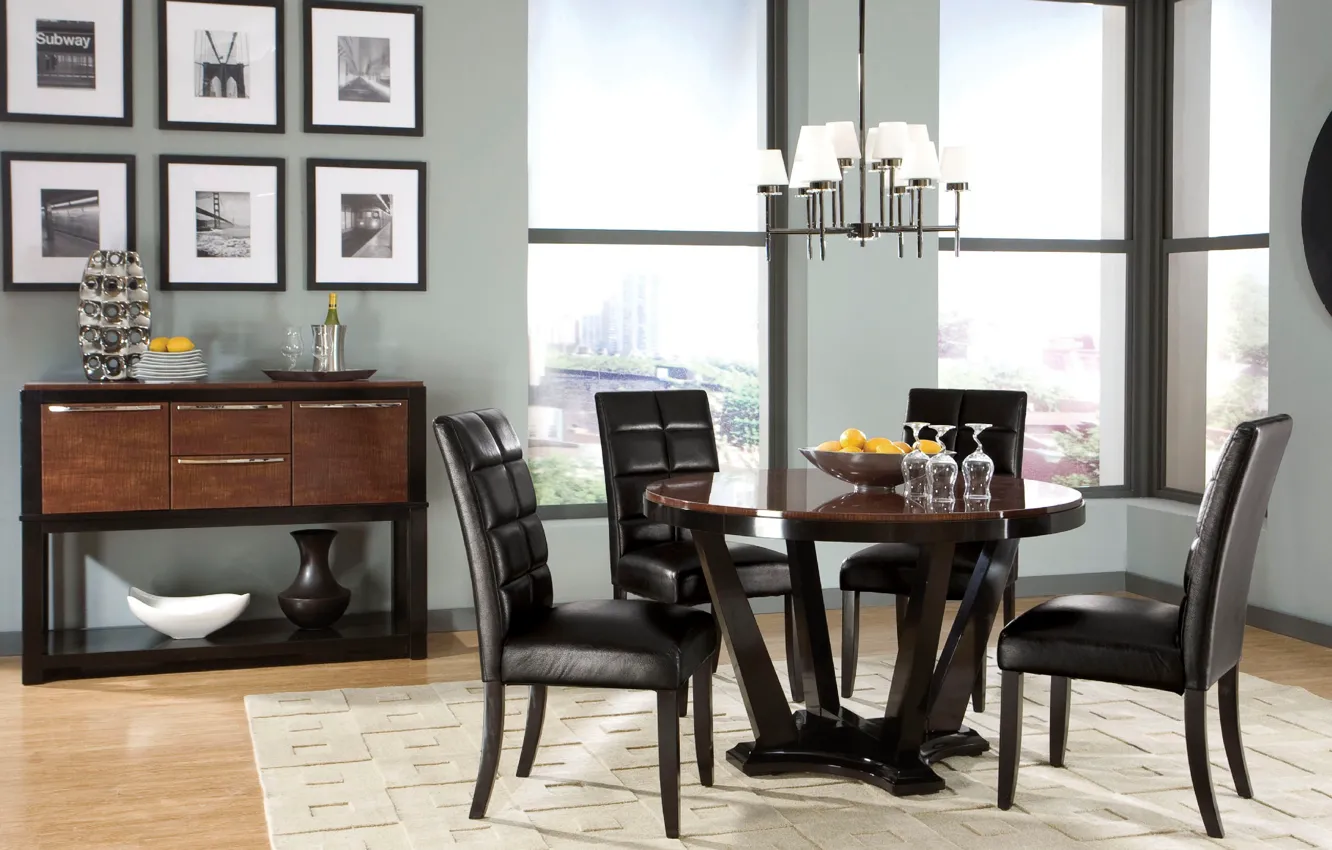 Photo wallpaper room, interior, wood, dining room, black leather