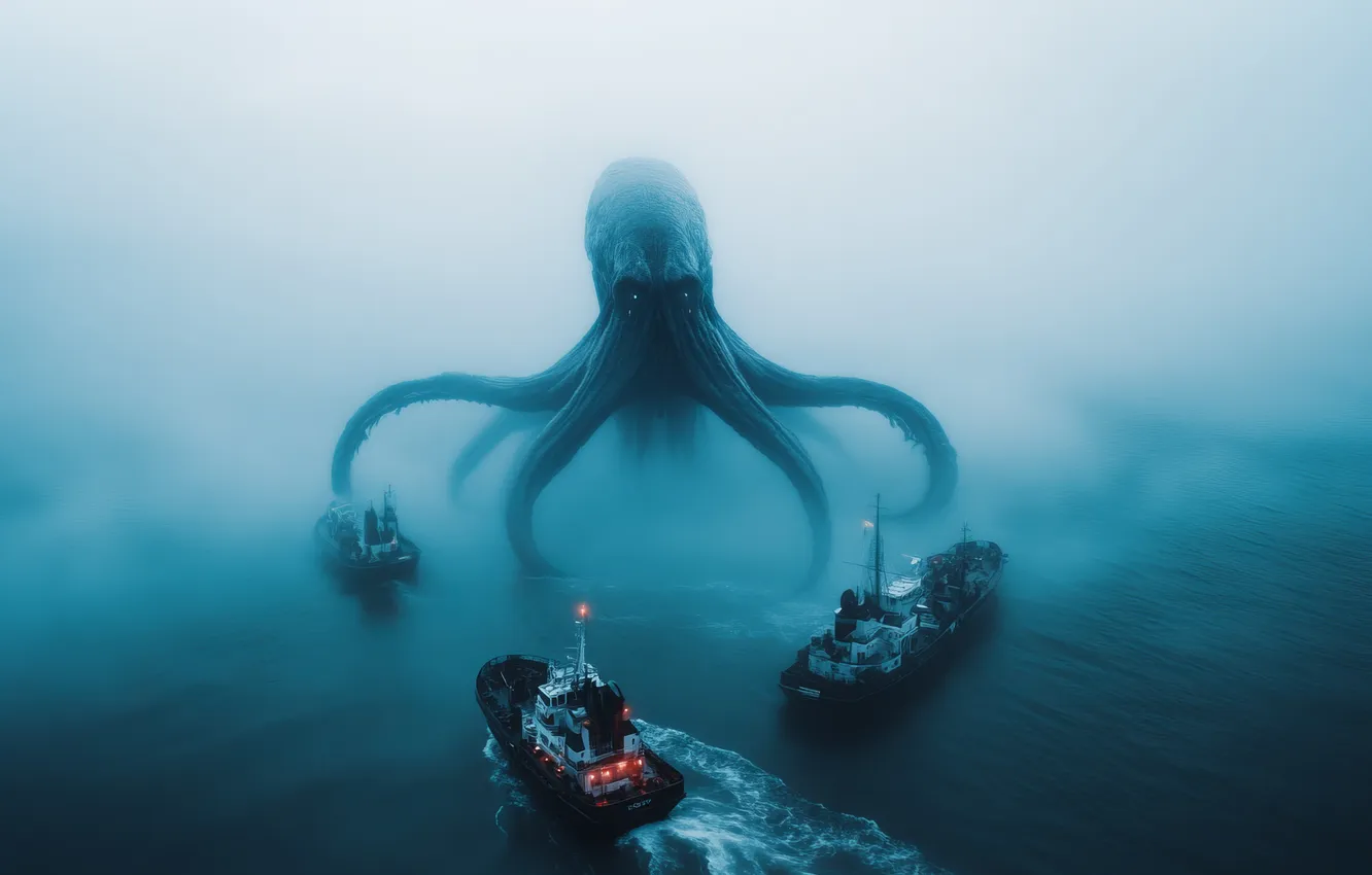 Photo wallpaper Sea, Fog, Ships, Digital art, Sea monster, AI art, The Art of Artificial Intelligence, Neural …