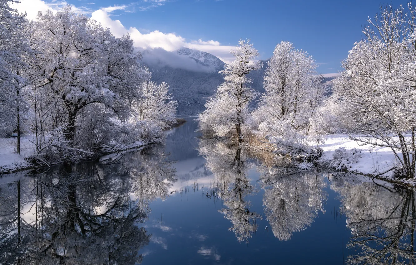 Photo wallpaper winter, snow, trees, mountains, reflection, river, Germany, Bayern