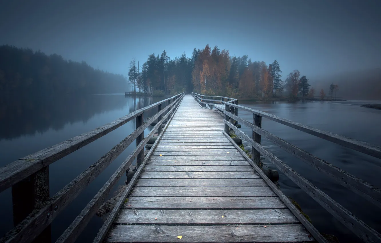 Photo wallpaper bridge, fog, lake