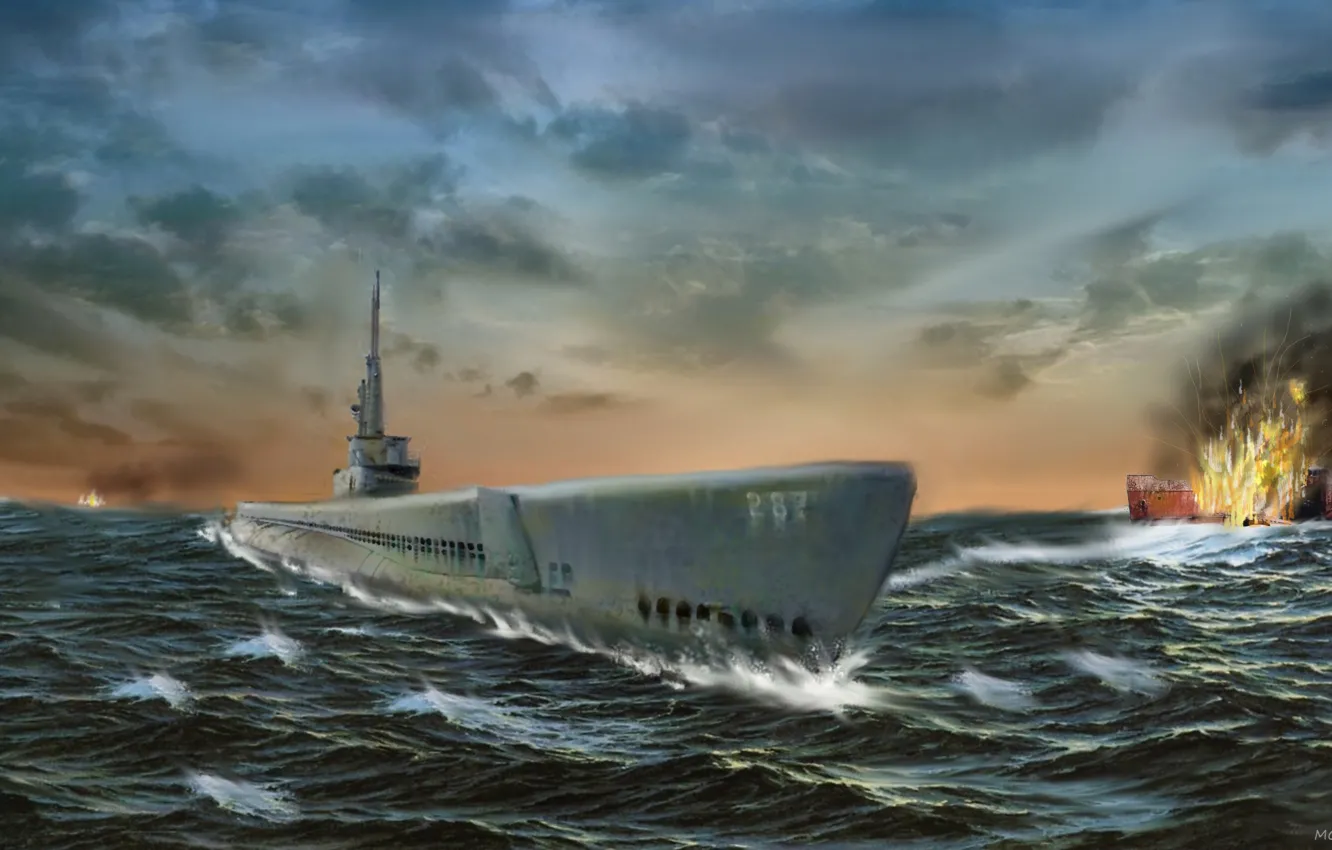 Photo wallpaper sea, wave, the explosion, war, ship, submarine