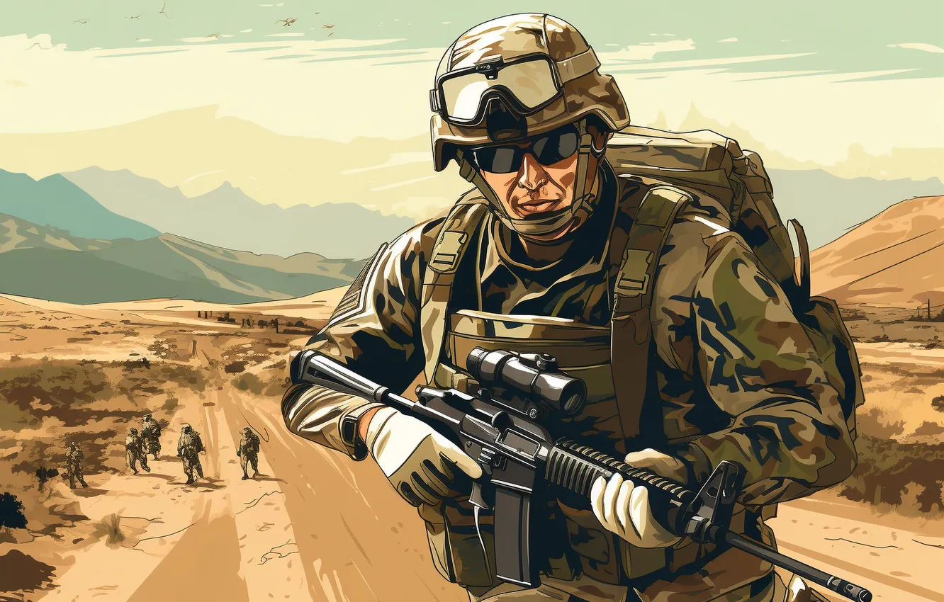 Photo wallpaper road, glasses, soldiers, machine, male, helmet, digital art, AI art