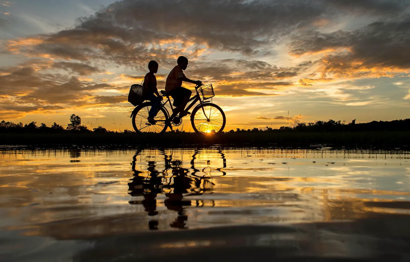 Photo wallpaper bicycle, twilight, sky, landscape, nature, sunset, water, clouds