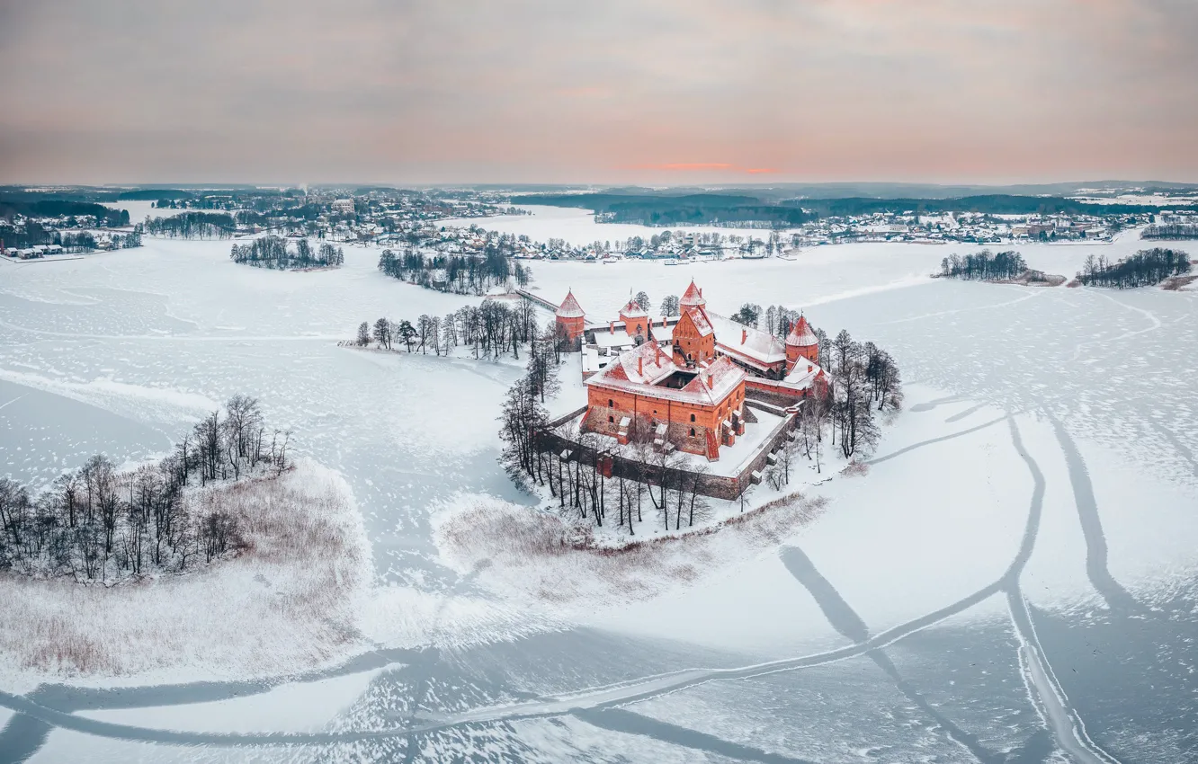 Photo wallpaper winter, castle, Trakai, Lithuania