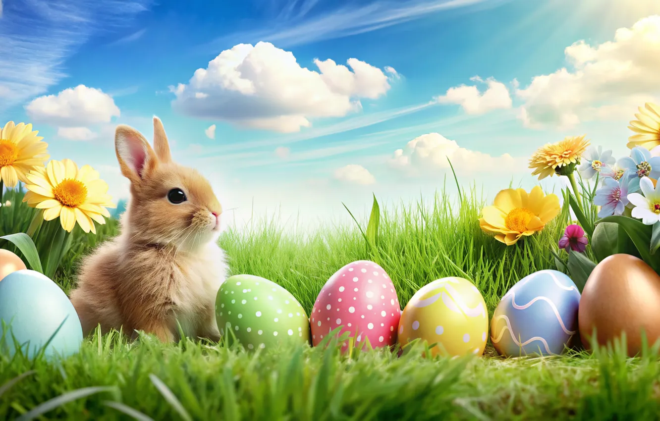Photo wallpaper flowers, eggs, spring, colorful, Easter, flowers, spring, Easter