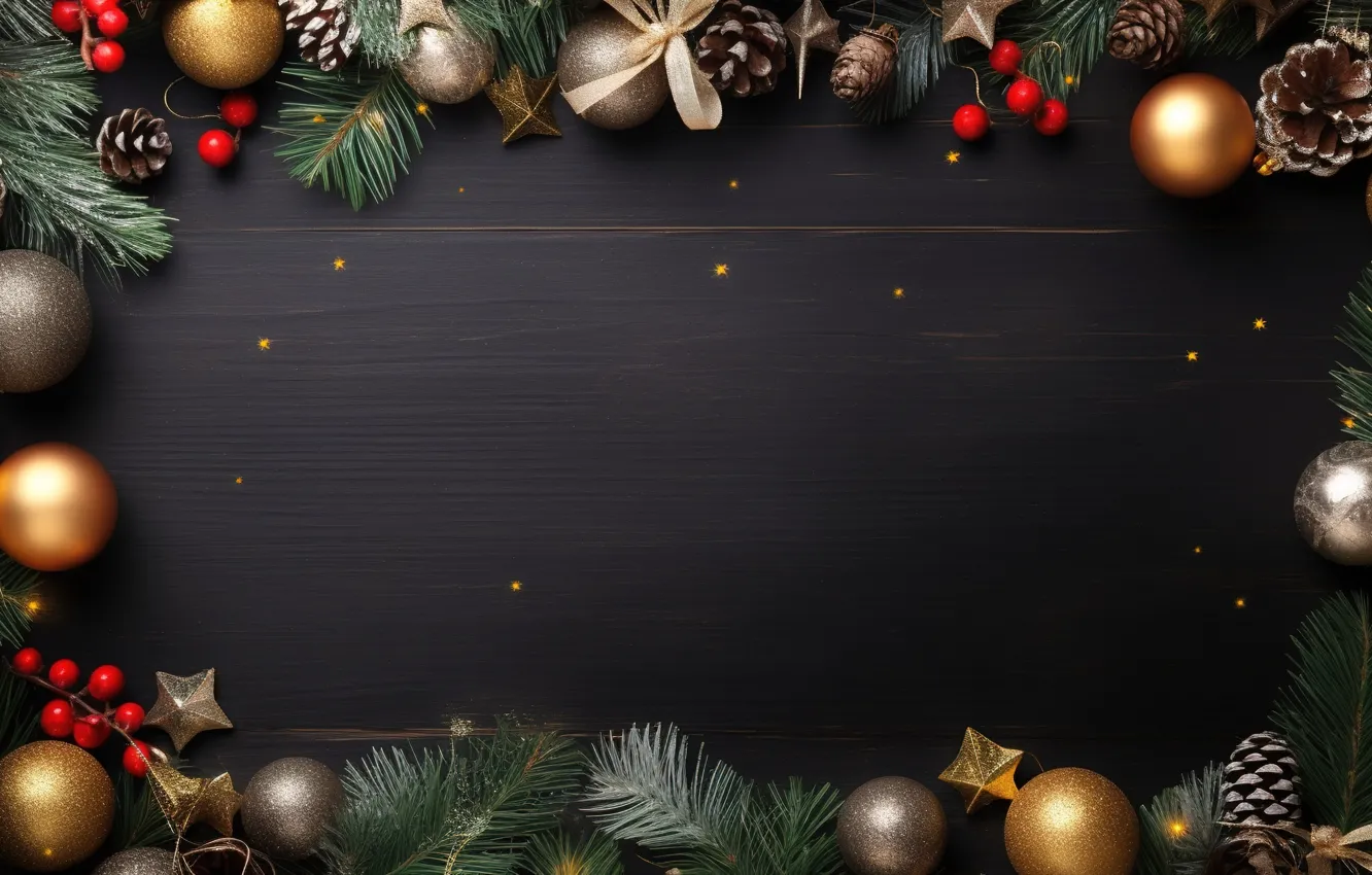 Photo wallpaper decoration, the dark background, balls, new year, frame, Christmas, golden, Christmas