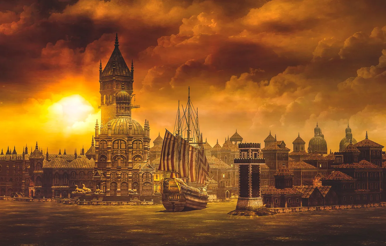 Photo wallpaper the city, building, home, sailboat, Venice, channel, frigate