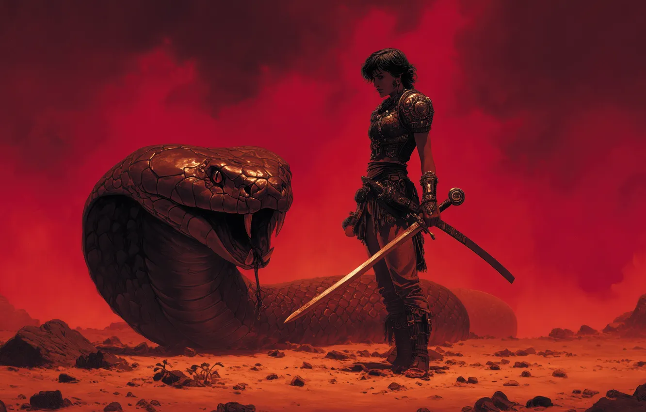 Photo wallpaper red, sword, snake, women, warrior, fantasy art, illustration, oil painting
