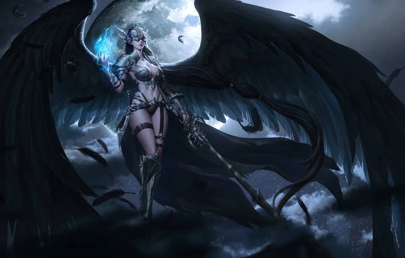 Photo wallpaper dark, girl, moon, sword, fantasy, armor, night, wings
