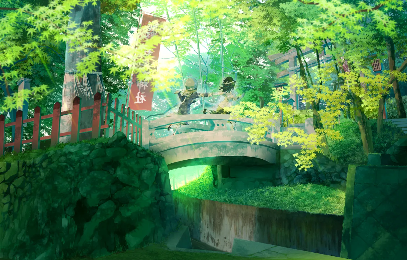 Photo wallpaper forest, bridge, nature, Anime