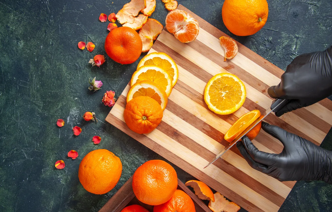 Photo wallpaper flowers, orange, hands, petals, knife, gloves, placer, slices