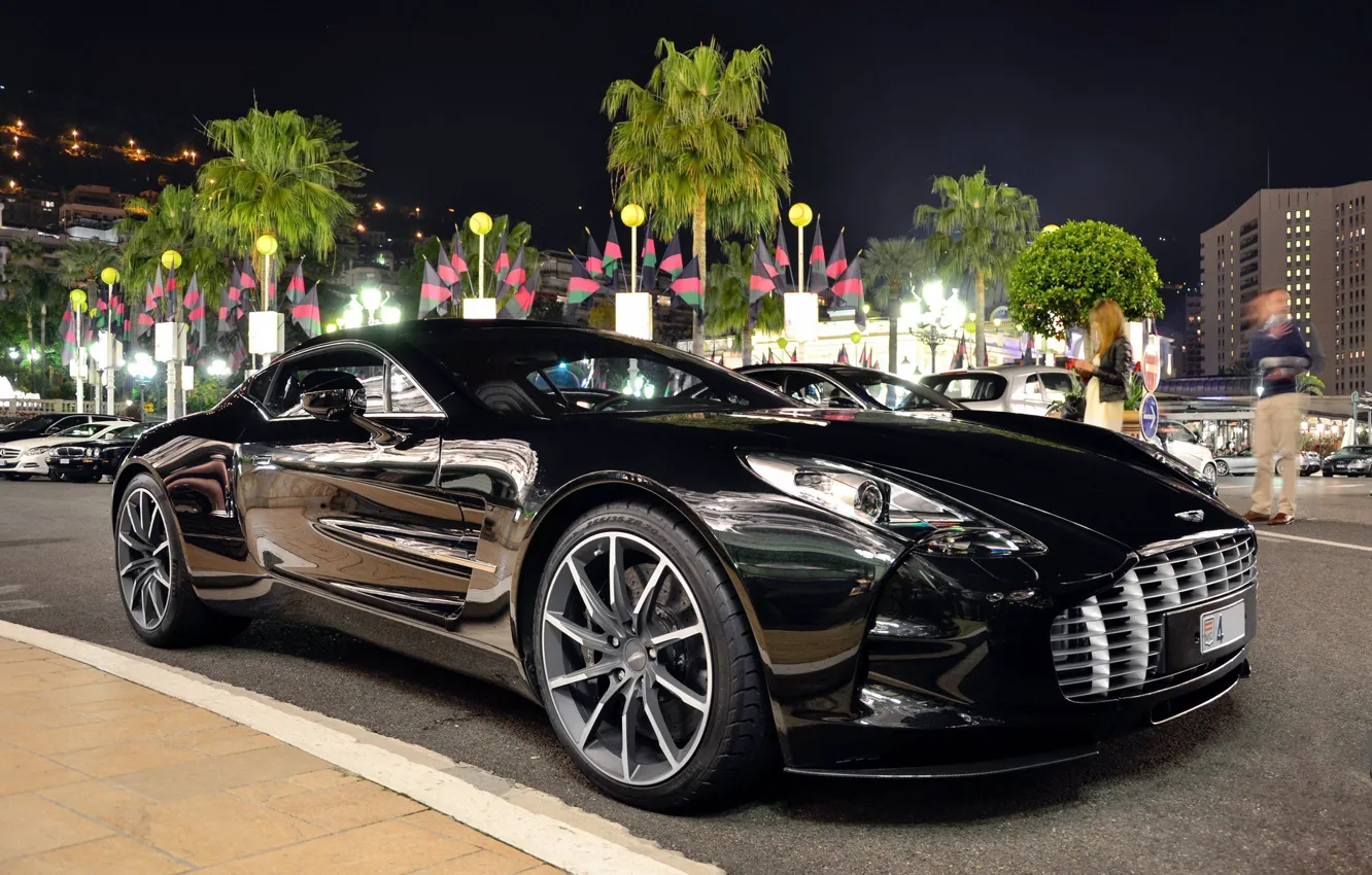Photo wallpaper Aston Martin, black, supercar, night city, One-77