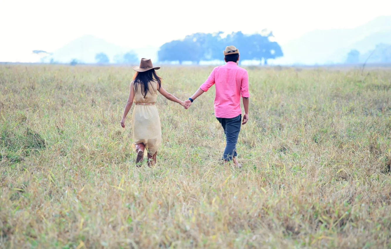 Photo wallpaper greens, field, grass, girl, trees, love, background, mood