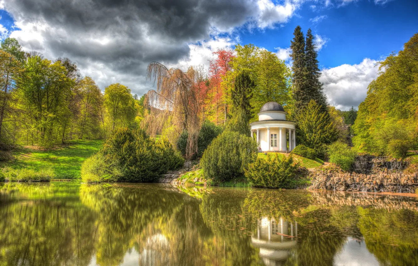 Photo wallpaper trees, Park, reflection, Park Wilhelmshöhe Castle
