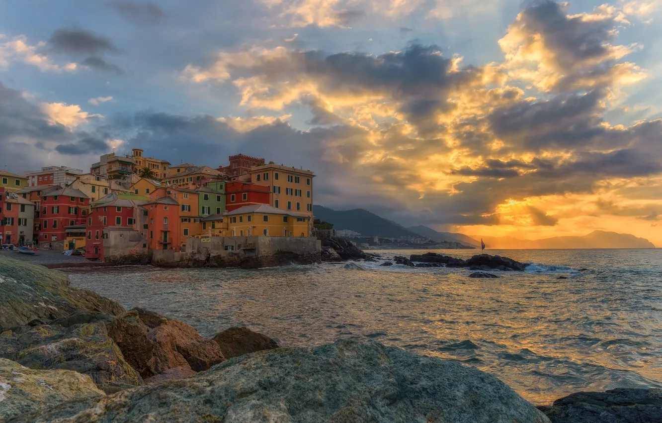 Photo wallpaper sea, sunset, coast, building, home, Italy, Italy, Italian Riviera