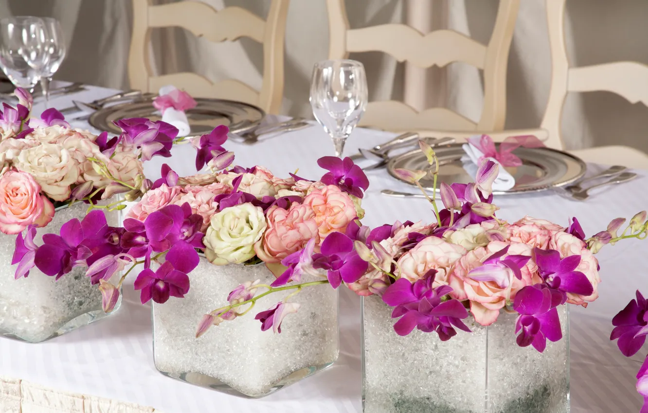 Photo wallpaper flowers, roses, bouquet, Orchid, flowers, roses, orchids, bouquets