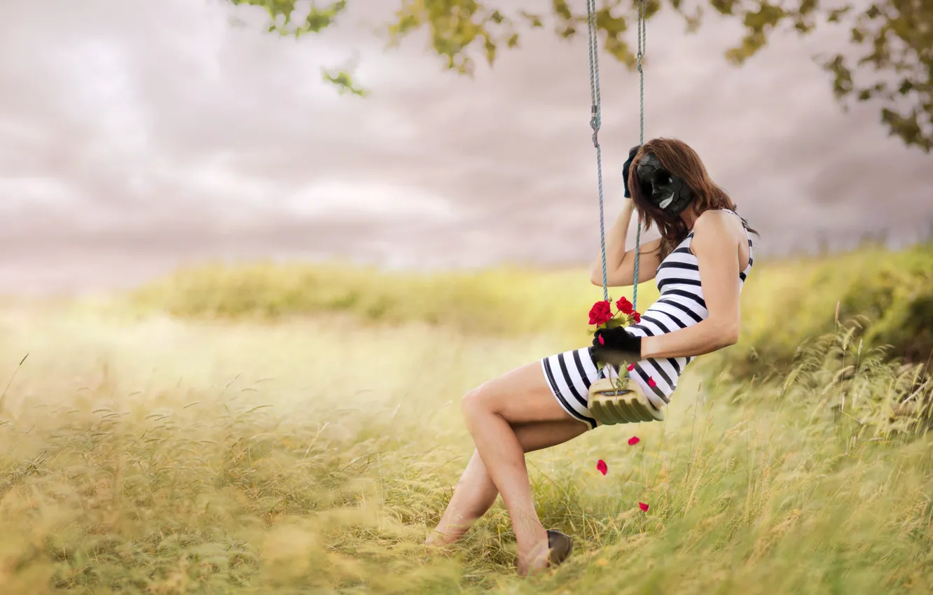 Photo wallpaper girl, flowers, swing, mask
