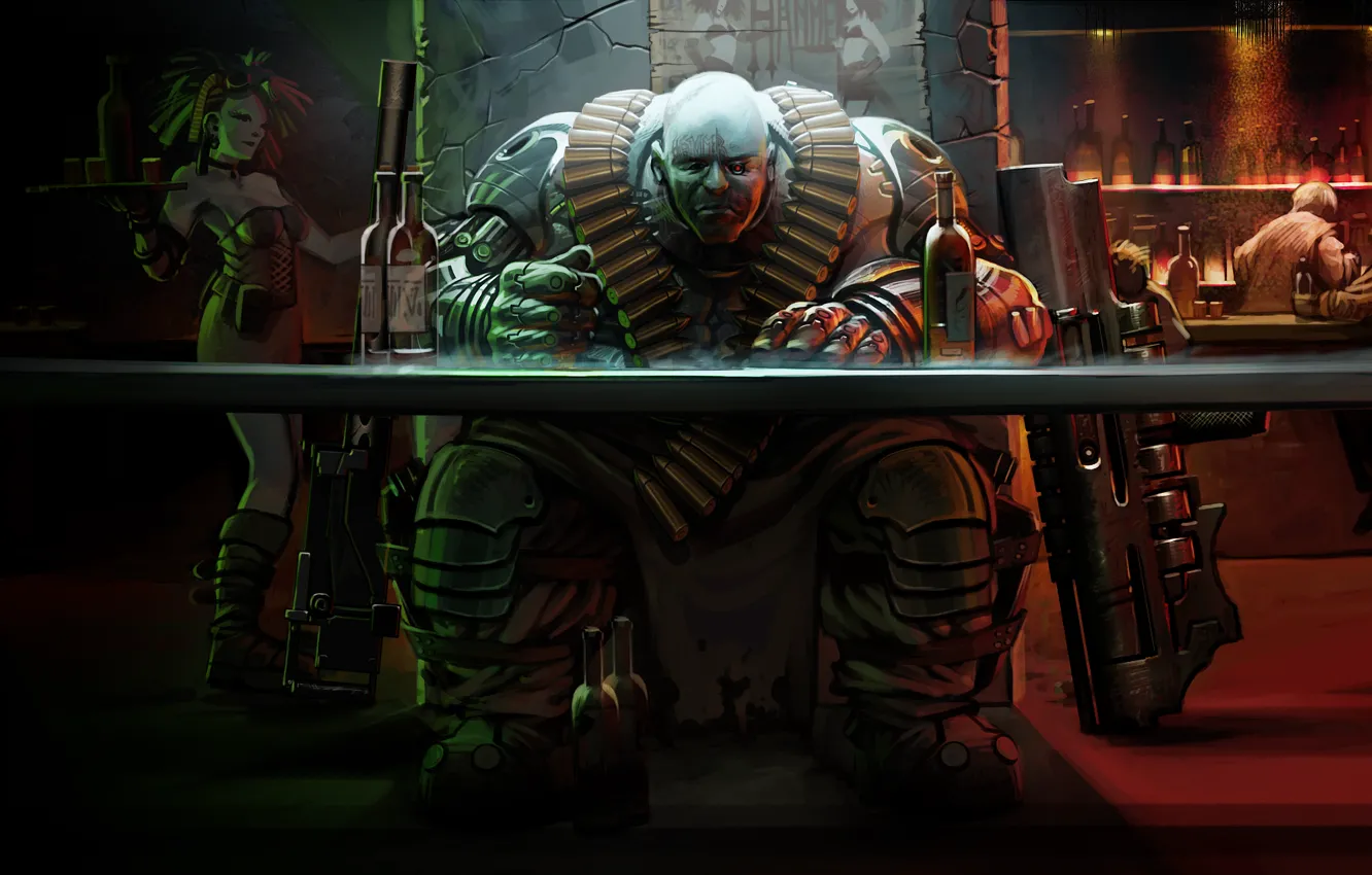 Photo wallpaper weapons, bar, soldiers, booze, mercenary, Hammer, bull