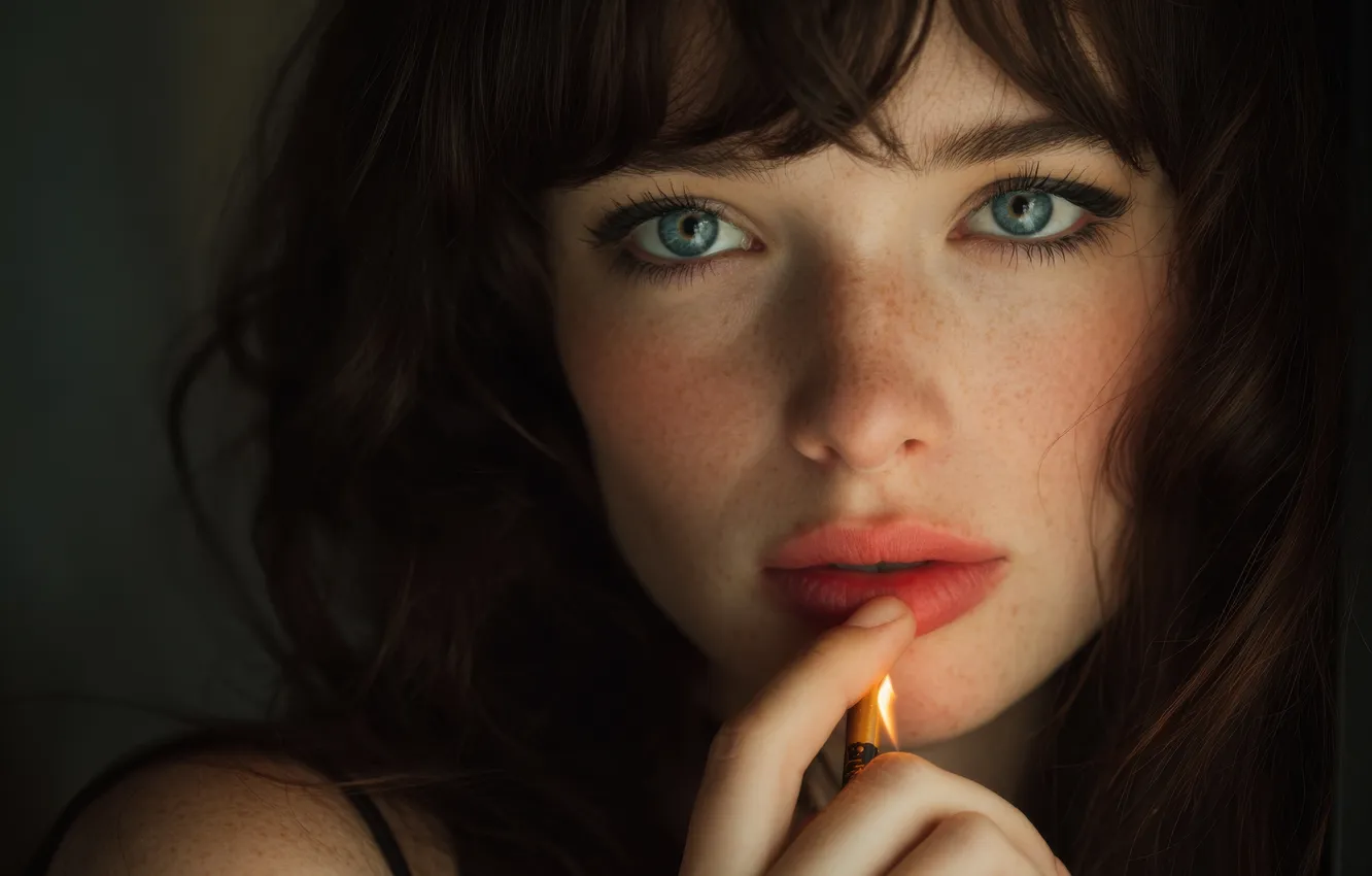 Photo wallpaper look, girl, face, portrait, hands, brunette, freckles, grey eyes