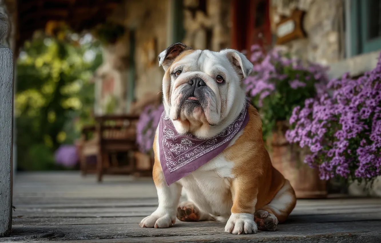 Photo wallpaper look, flowers, pose, home, dog, garden, face, shawl