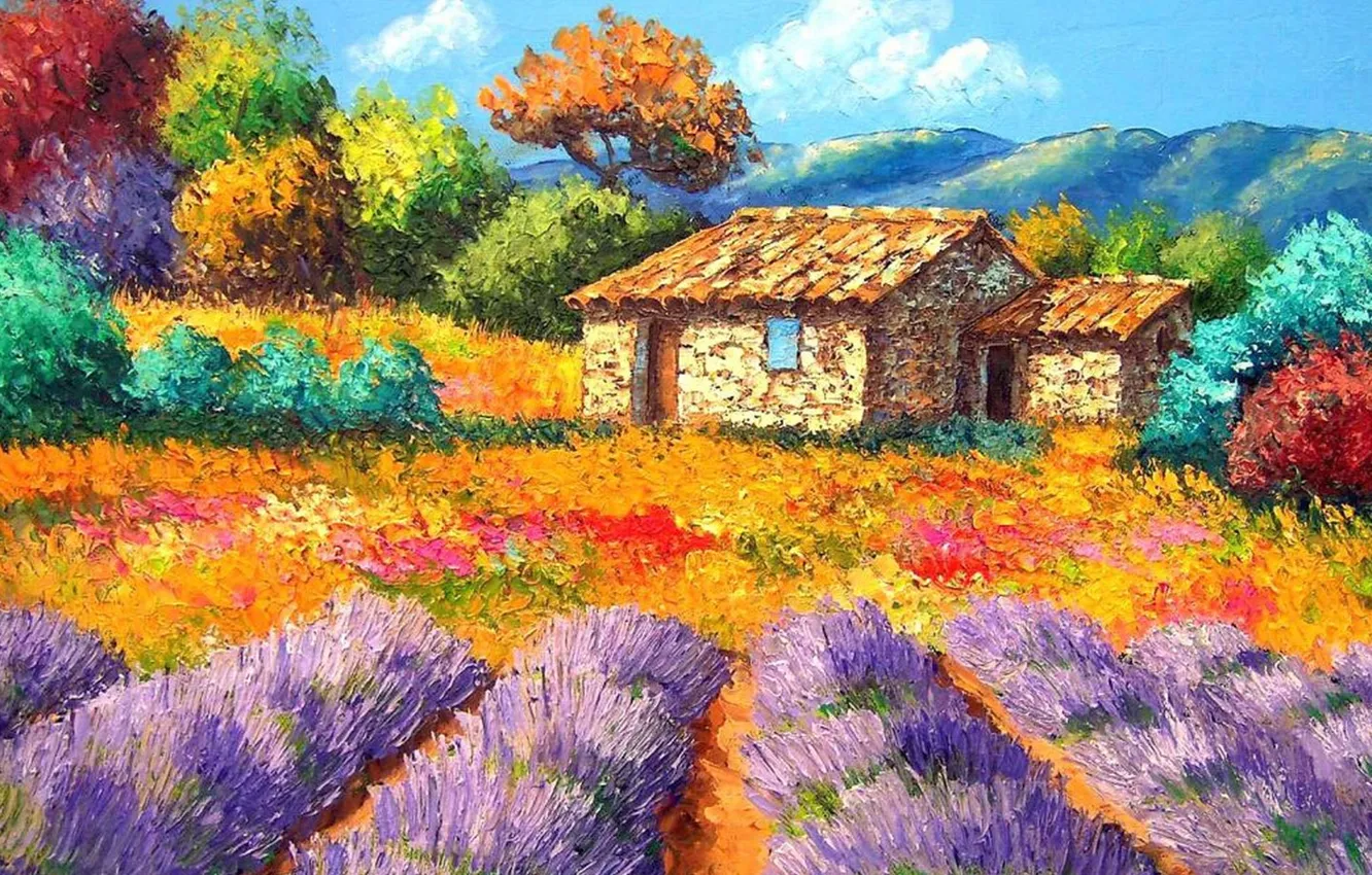 Photo wallpaper the sky, trees, landscape, flowers, mountains, picture, garden, yard