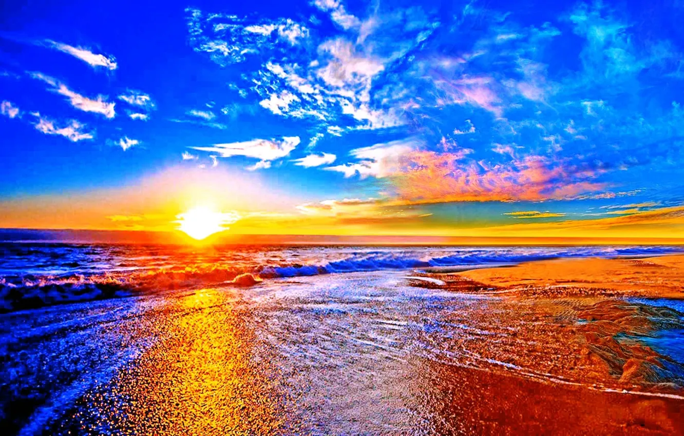 Photo wallpaper beach, landscape, sundown