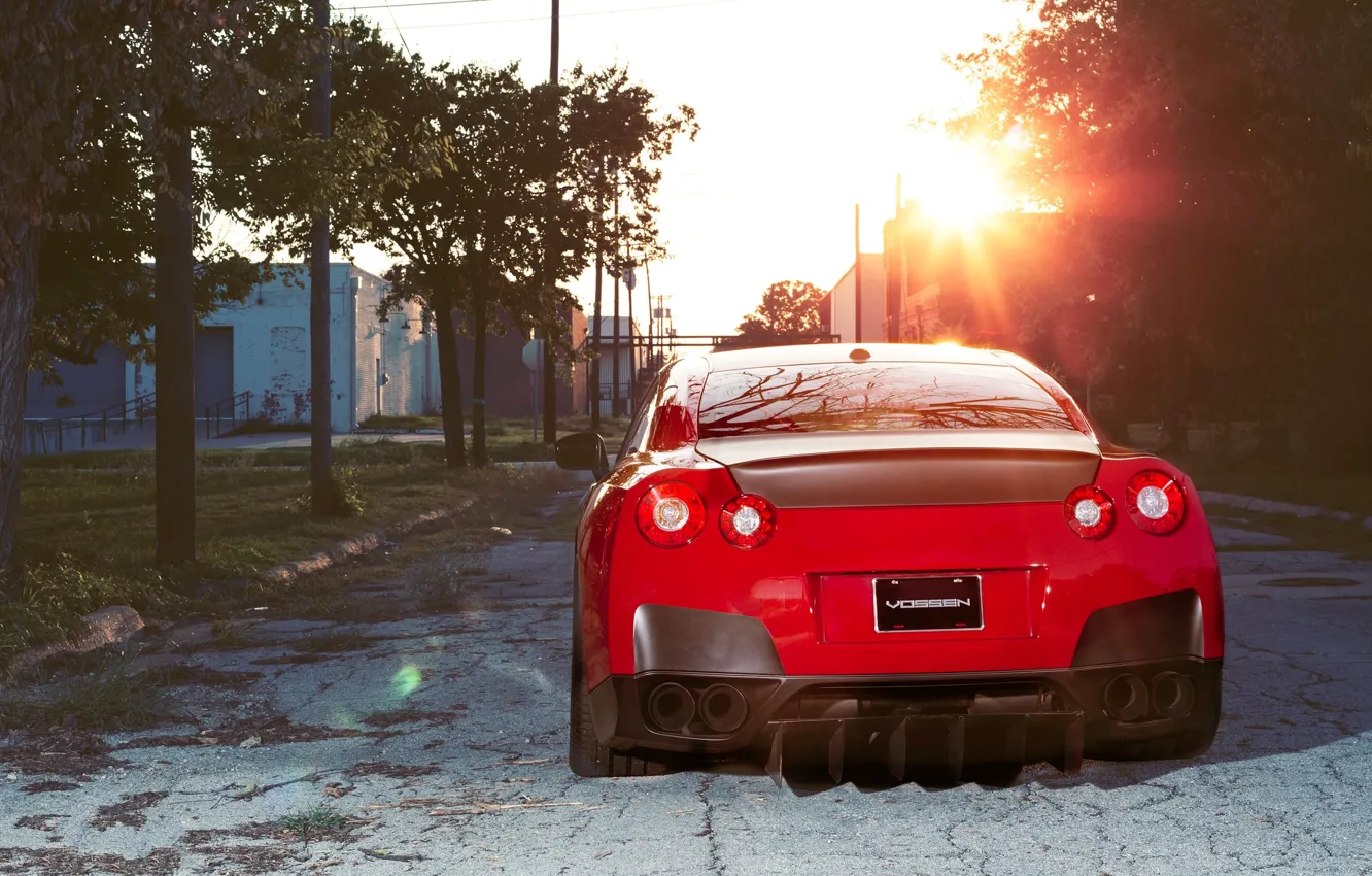 Photo wallpaper red, reflection, view, nissan, back, red, Nissan, gtr