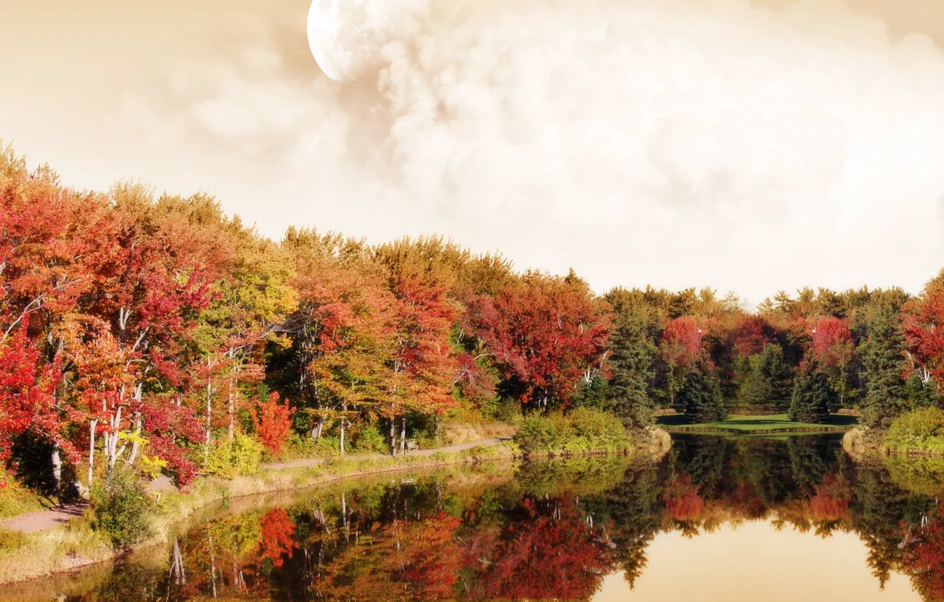 Photo wallpaper autumn, lake, the moon