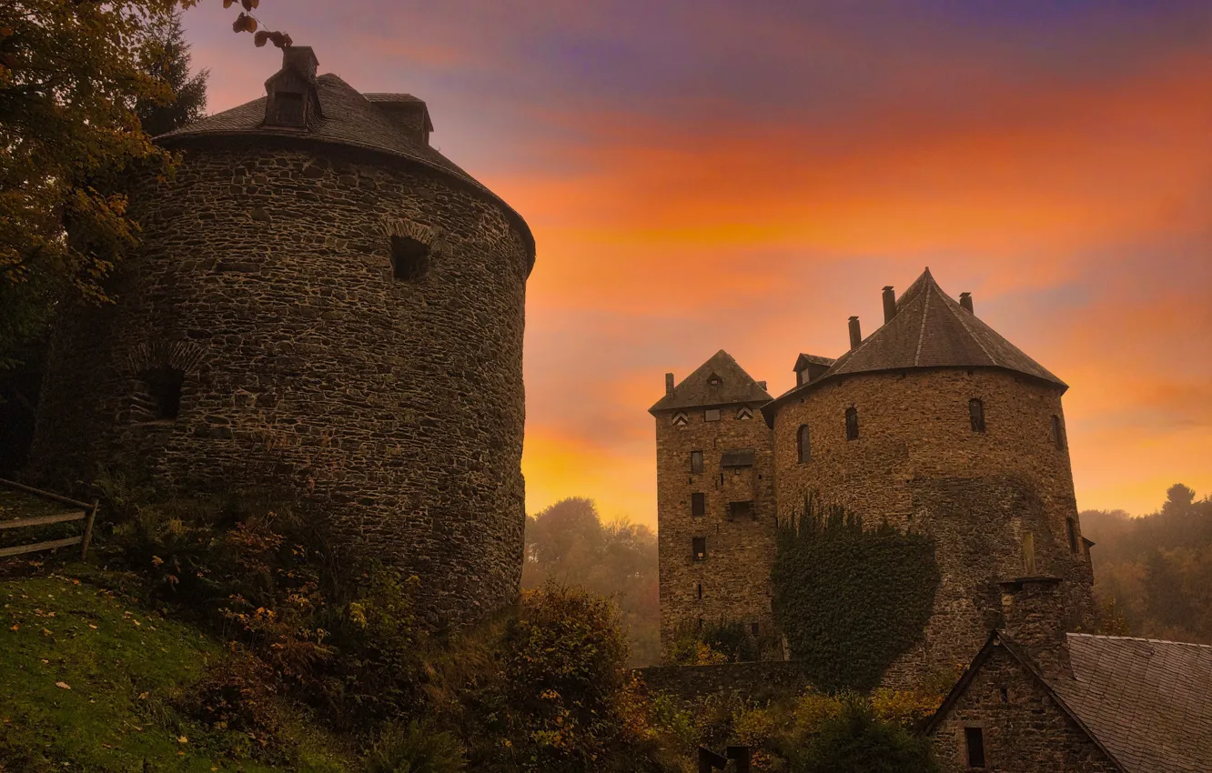 Photo wallpaper the sky, sunset, castle, the evening, Belgium, medieval architecture, Reinhardstein Castle