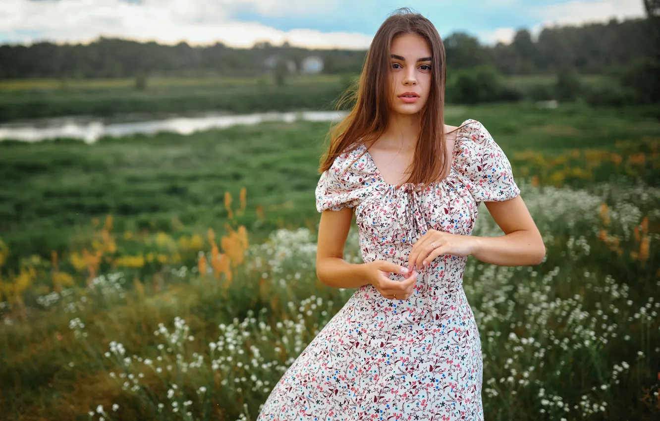 Photo wallpaper girl, sky, field, nature, flowers, clouds, model, women