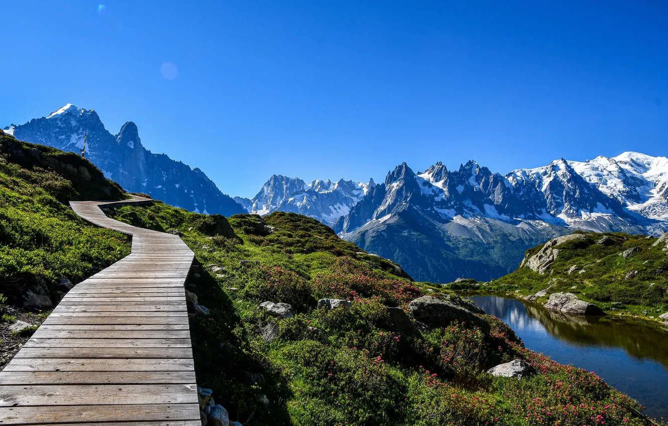 Photo wallpaper landscape, mountains, nature, lake, France, Alps, track, Chamonix
