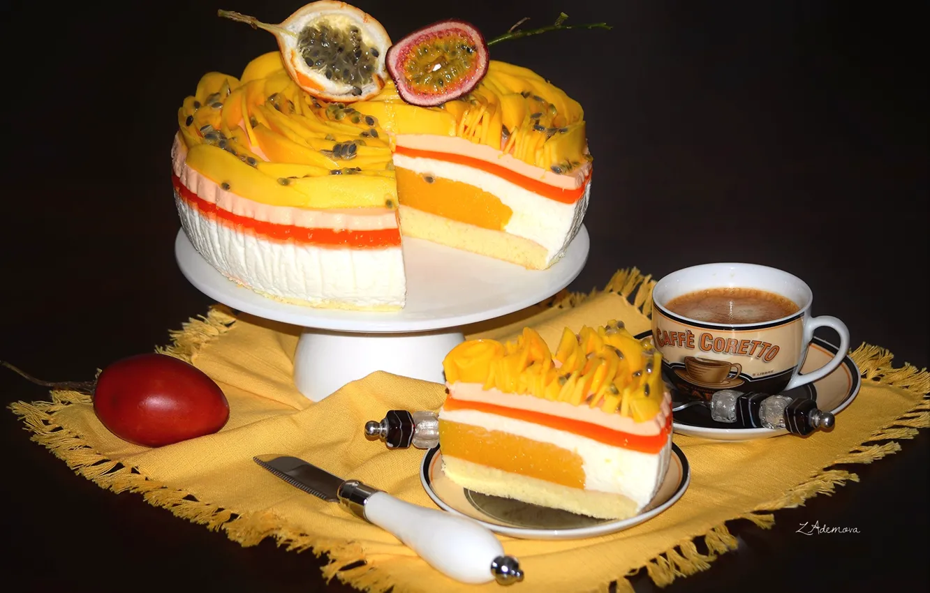 Photo wallpaper coffee, cake, still life, layers, dessert, passion fruit
