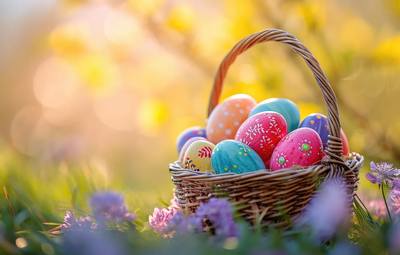 Photo wallpaper flowers, eggs, spring, colorful, Easter, flowers, spring, Easter
