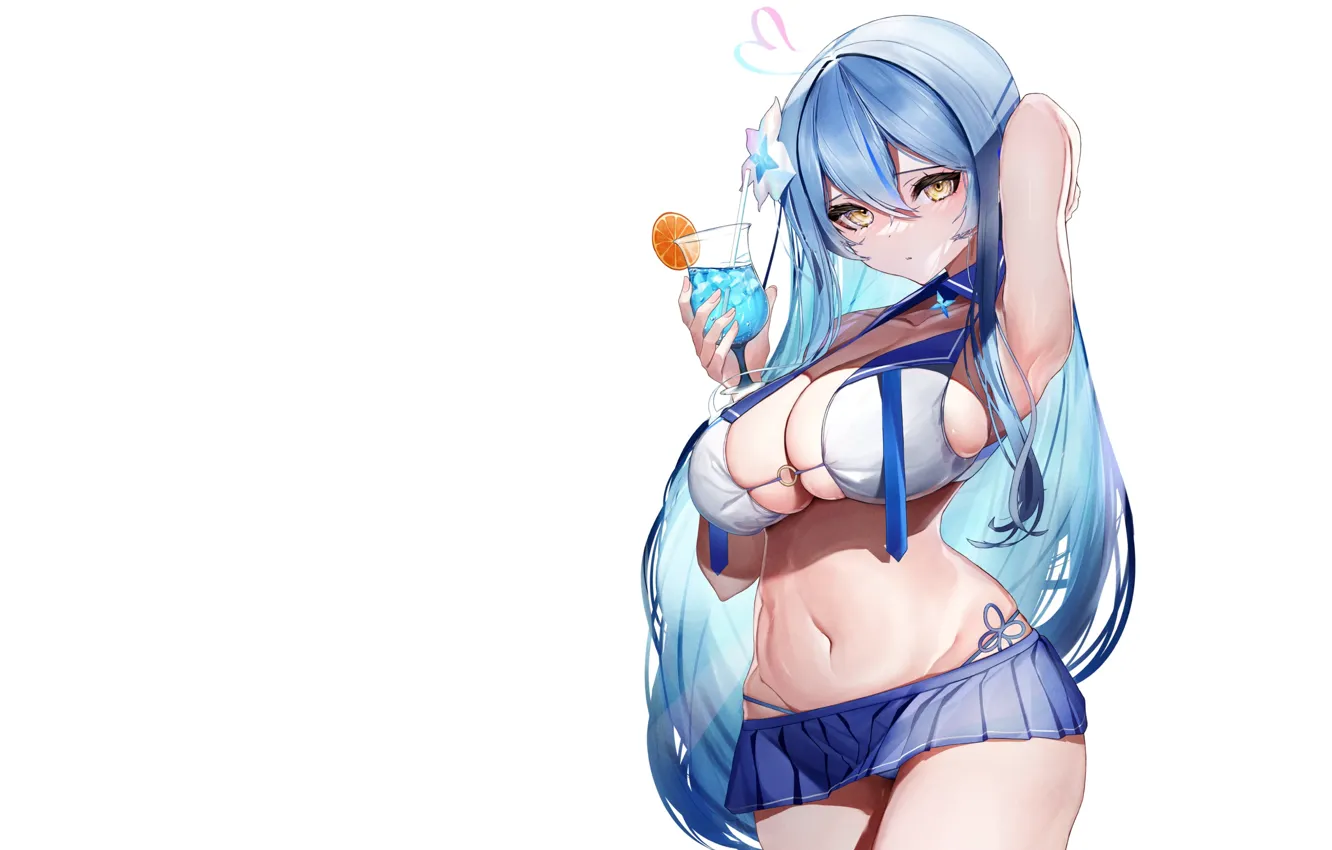 Photo wallpaper girl, sexy, boobs, anime, cup, drink, babe, skirt
