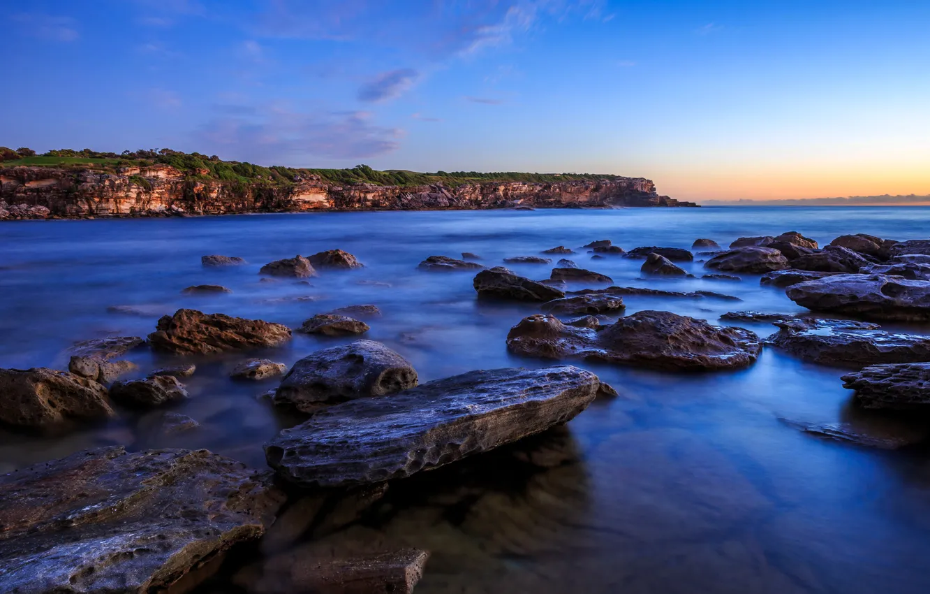 Photo wallpaper sea, stones, rocks, dawn, coast, Australia, Sydney
