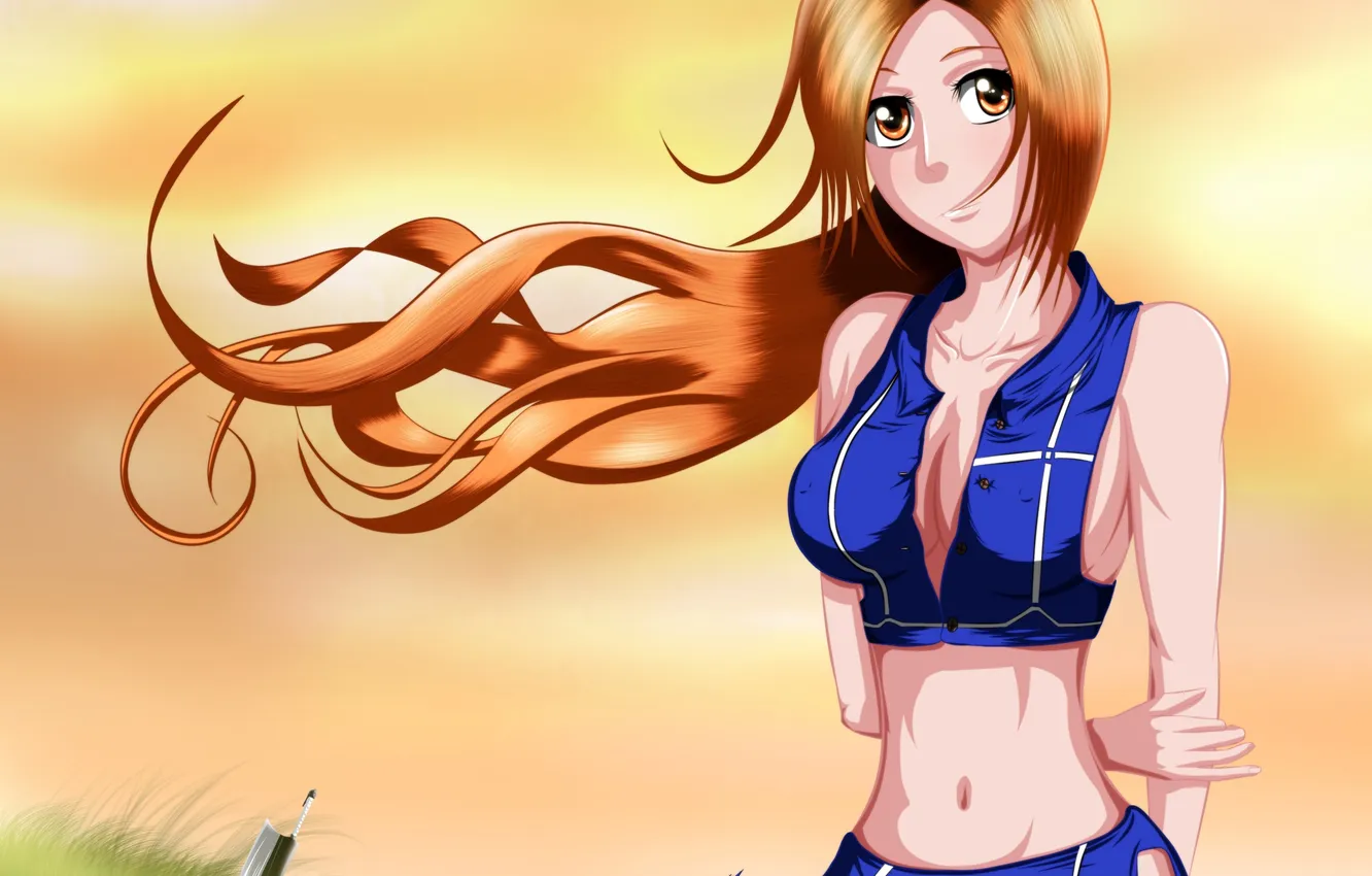 Photo wallpaper grass, girl, stones, weapons, the wind, sword, anime, art