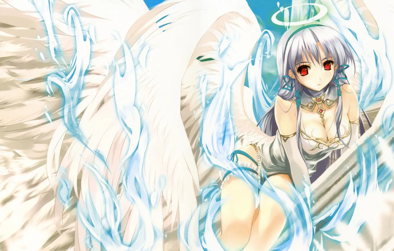 Photo wallpaper girl, magic, wings, angel, feathers, red eyes