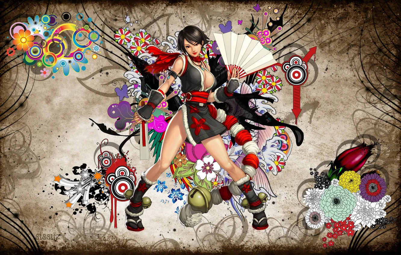 Photo wallpaper girl, line, flowers, arrows, pattern, fan, tail, stars