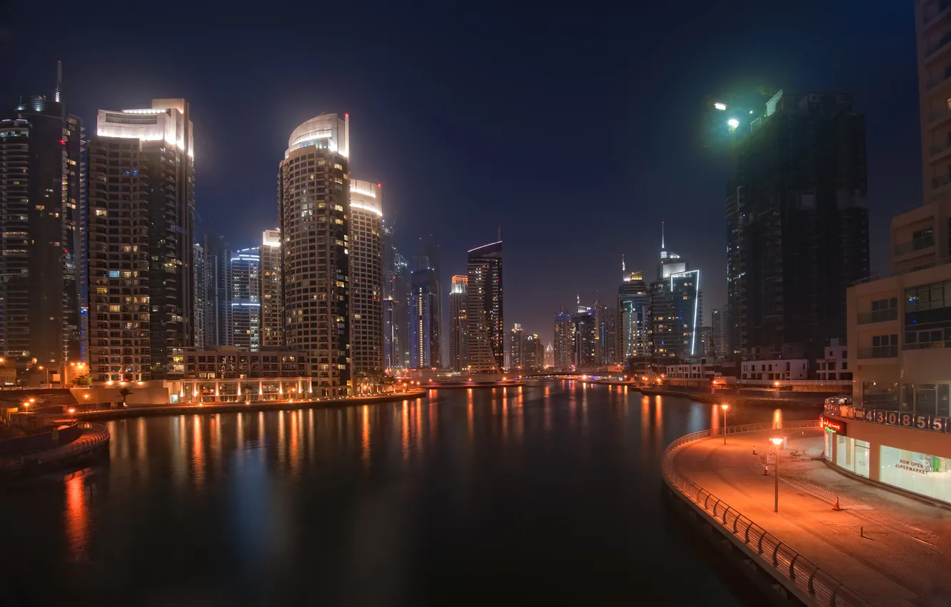 Photo wallpaper water, night, the city, lights, skyscrapers, Dubai