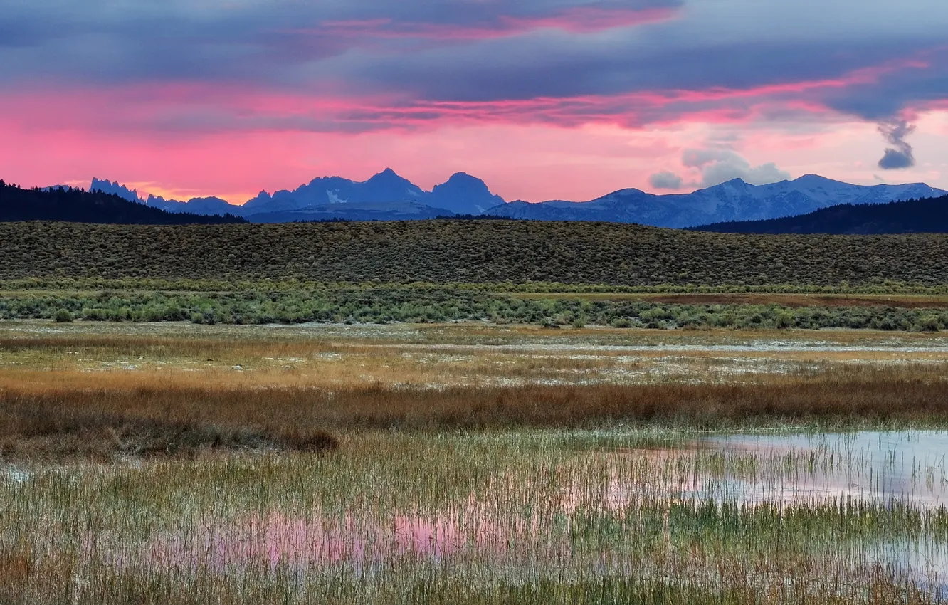 Photo wallpaper mountains, morning, valley, pink