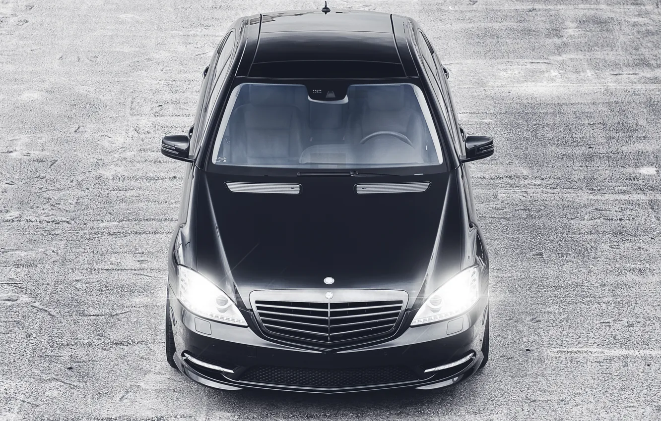 Photo wallpaper asphalt, black, lights, Mercedes-Benz, black, Blik, Mercedes Benz, S-Class