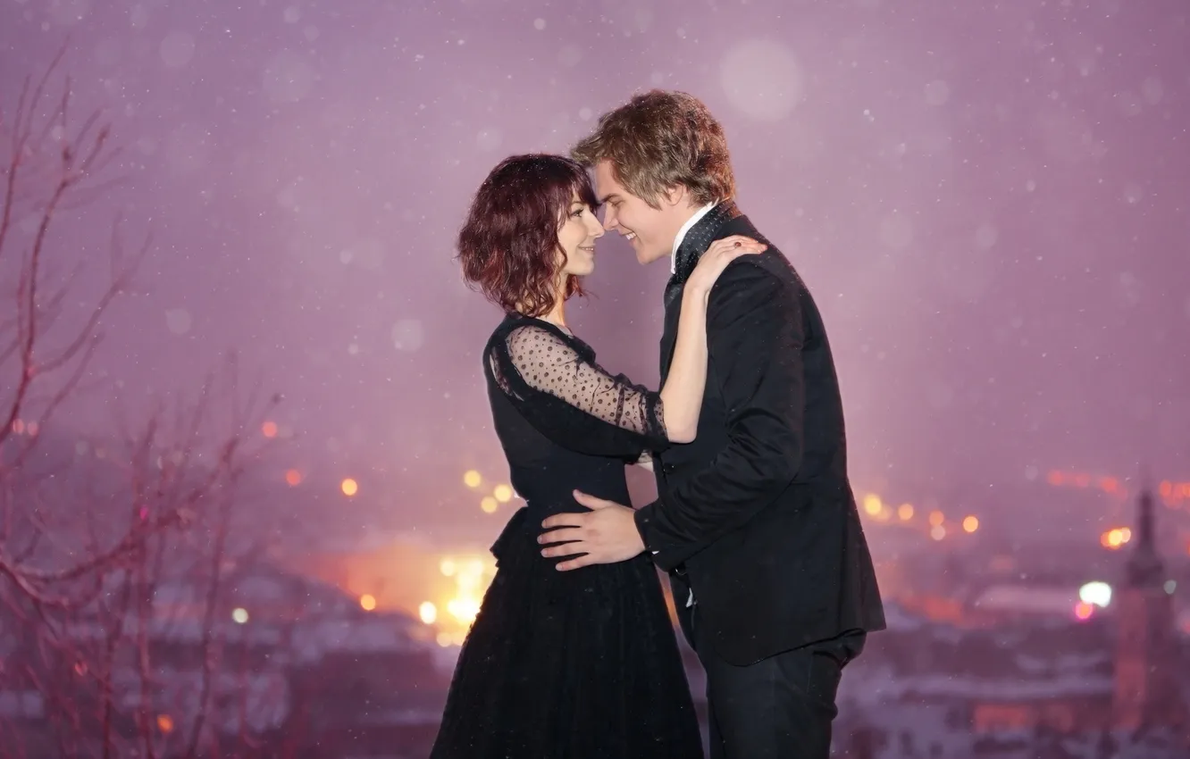 Photo wallpaper girl, snow, love, joy, smile, tenderness, hugs, pair