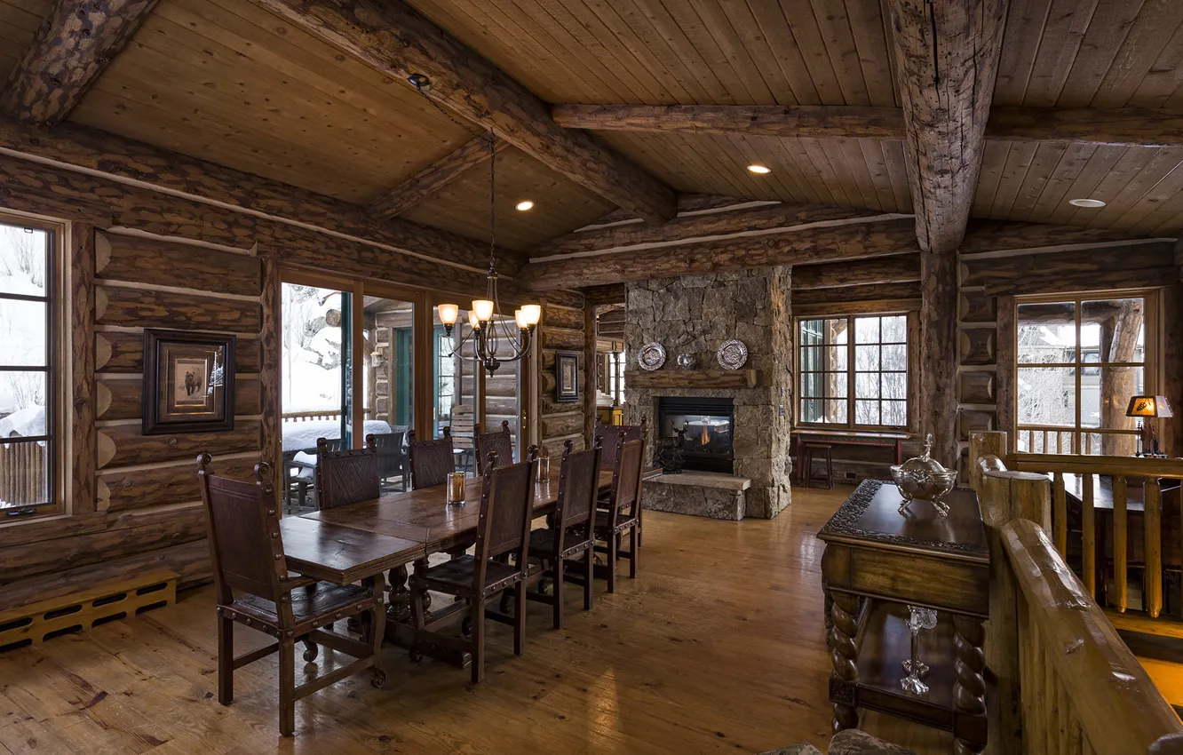 Photo wallpaper wooden, home, luxury, log, blue sky lodge, dinner room