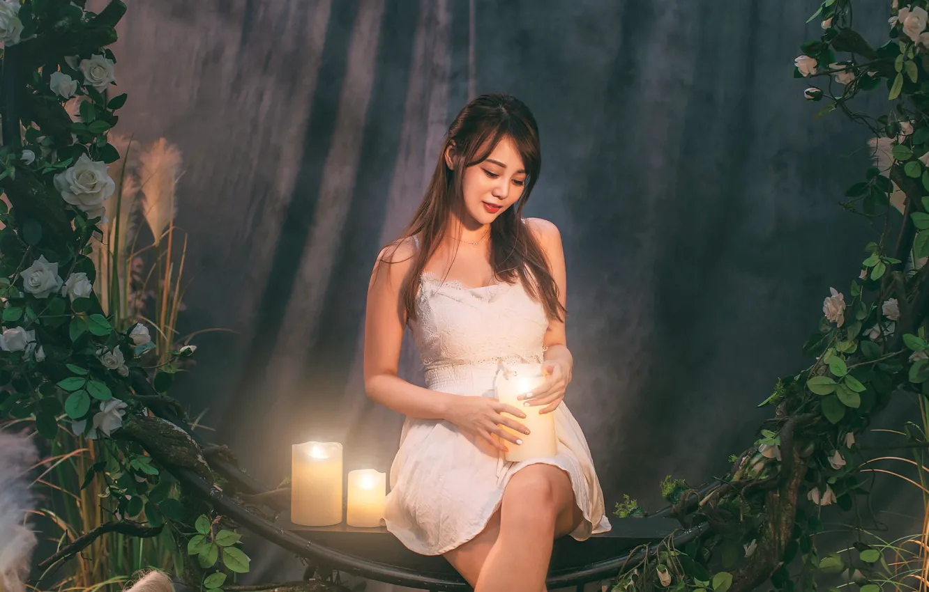 Photo wallpaper girl, candles, Asian, cutie