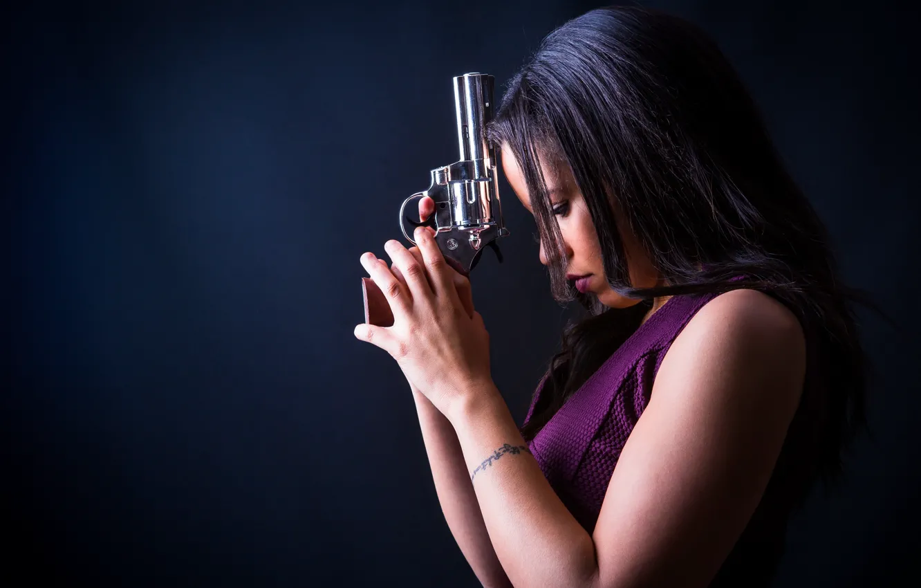 Photo wallpaper girl, background, revolver