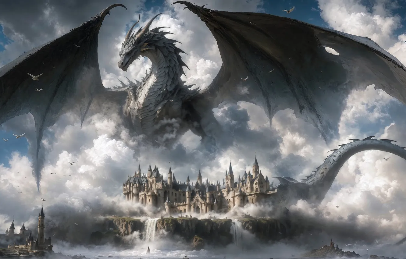 Photo wallpaper city, fantasy, dragon
