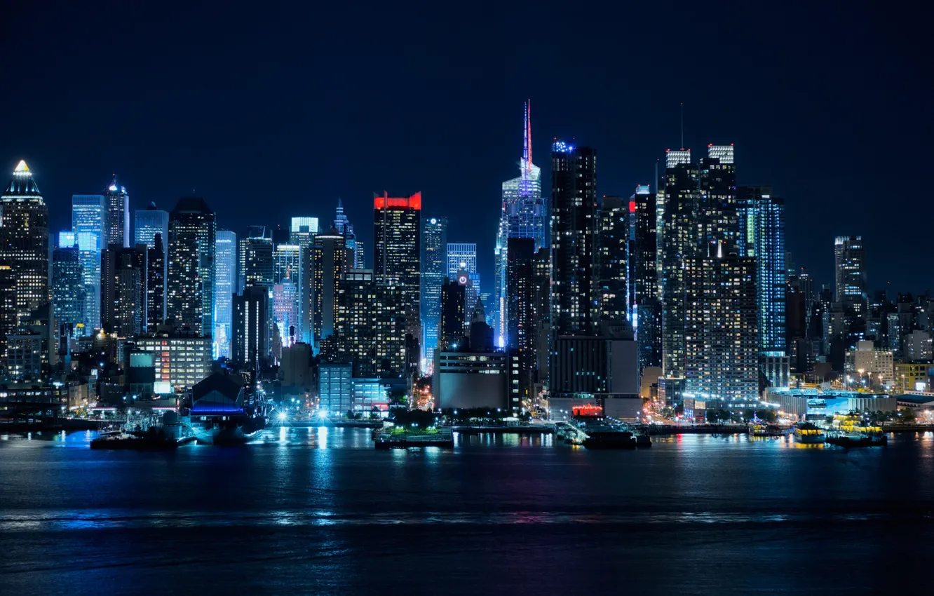 Photo wallpaper the sky, water, night, the city, building, home, skyscrapers, architecture