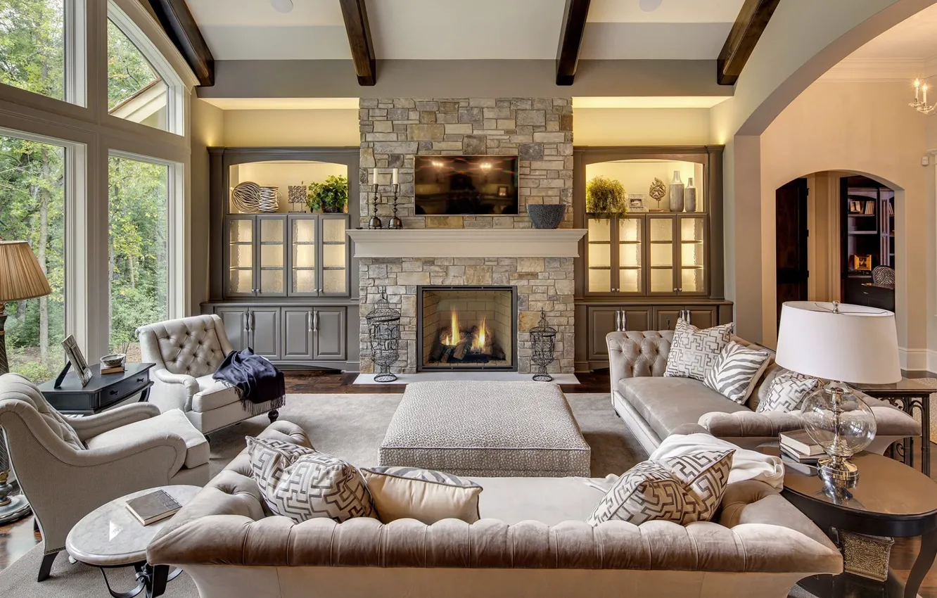Photo wallpaper Villa, interior, fireplace, living room, rustic family room, stone fireplace